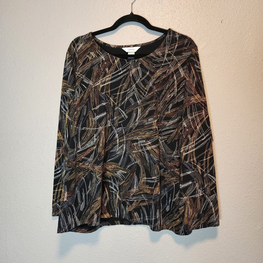 CJ Banks Womens 1X Top Blouse Abstract Crosshatch Gold Black Long Sleeve Stretch